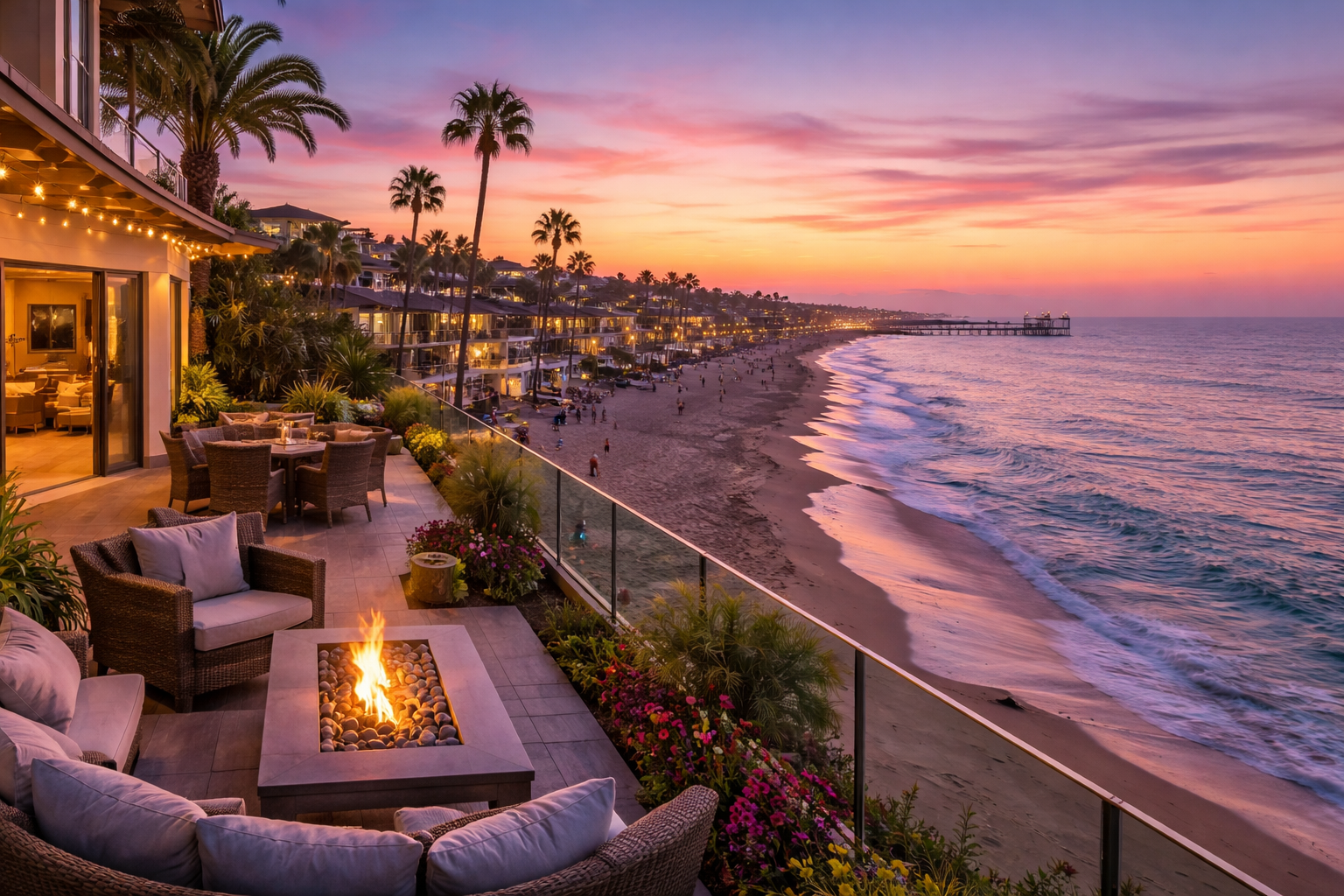 Luxury oceanfront patio with sunset and pier