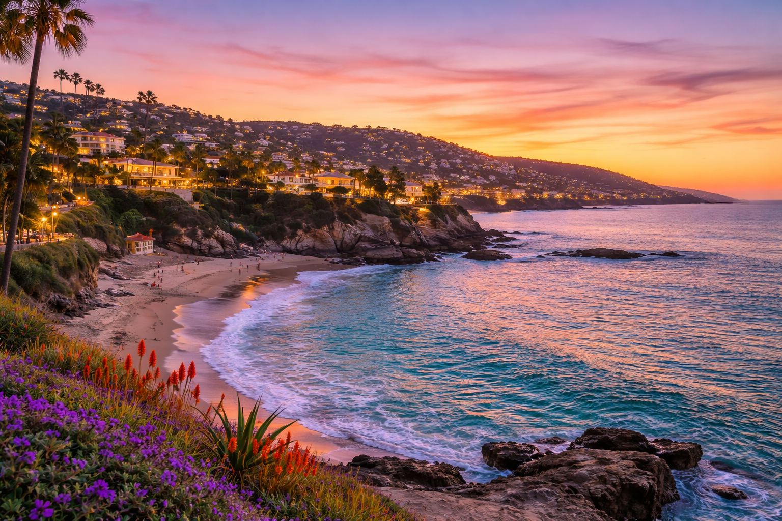 Laguna Beach sunset with hillside homes