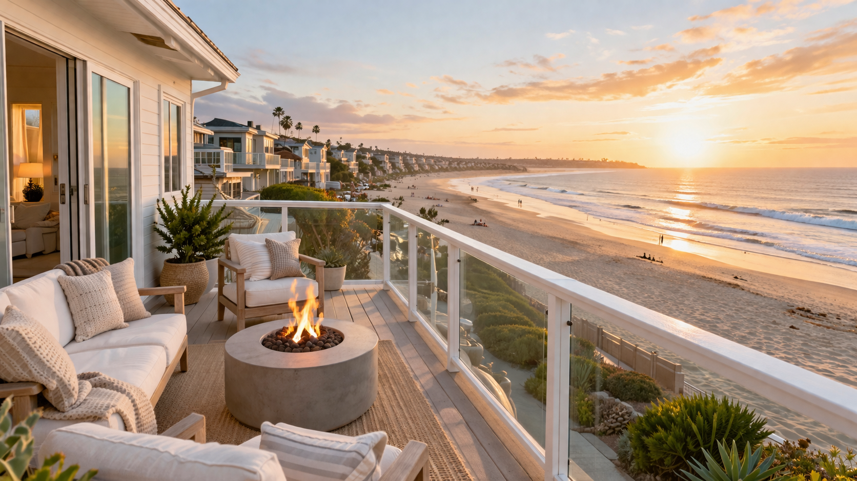 Beachfront deck with fire pit at golden sunset